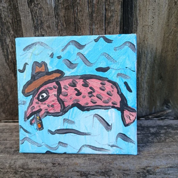 Fish In Hat Painting Mini - Picture 1 of 12